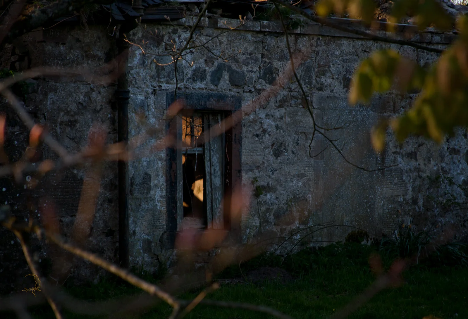 Warm light remains in the window of an abandoned stone building.