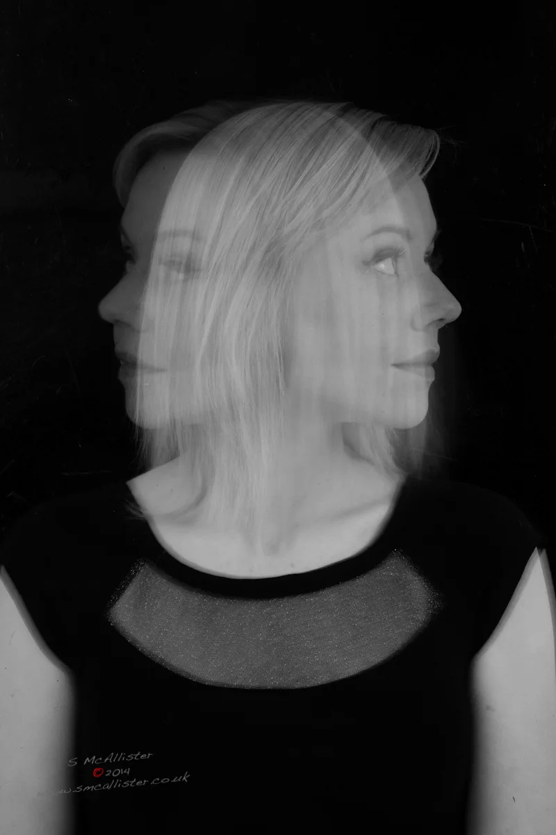 A portrait is split into competing versions of the same identity.